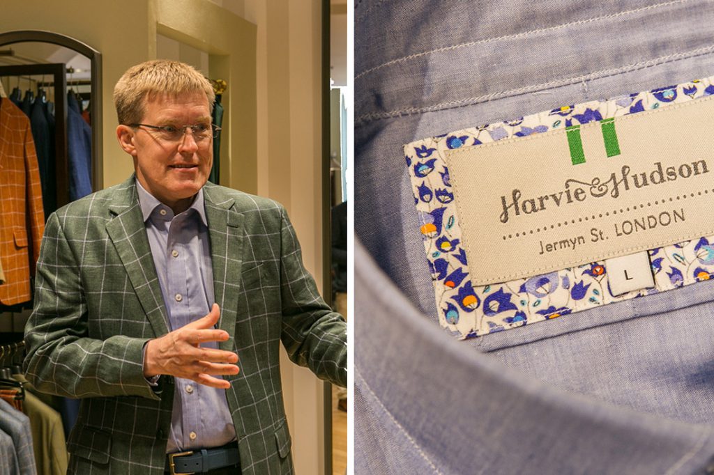 Alistair Tusting Tries on a linen jacket at Harvie and Hudson